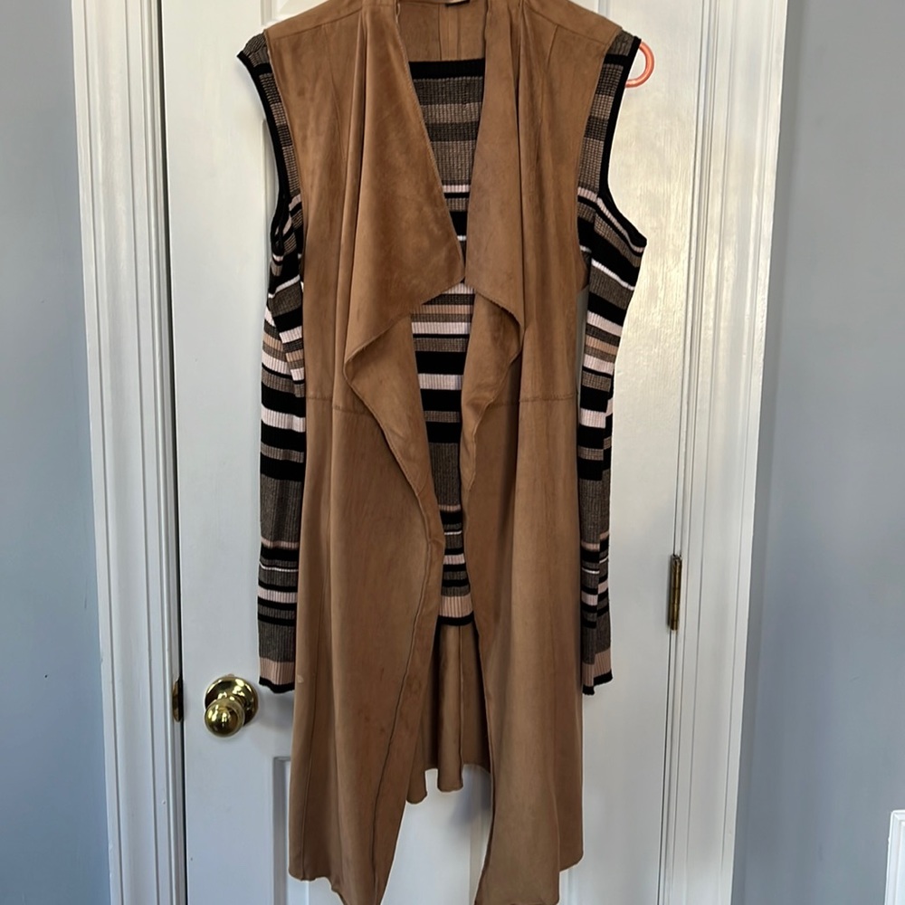 Faux suede waist tie sleeveless jacket with peek a boo shoulder knot sweater!